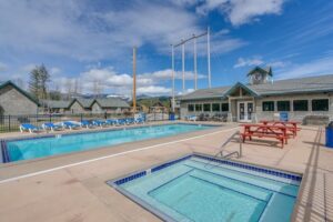 The pool area at a Sandpoint resort to relax in after shopping at local stores.